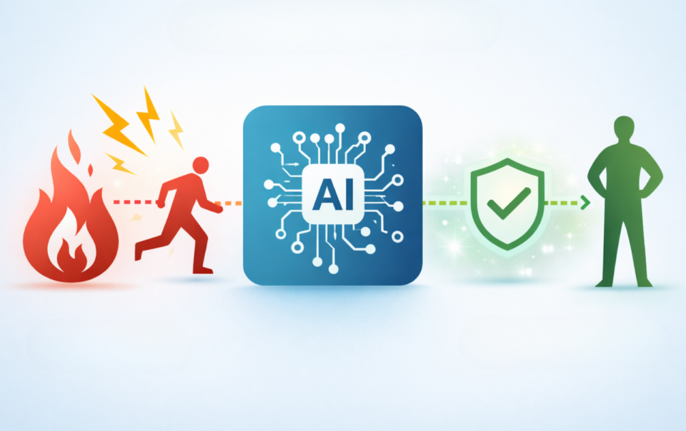 Ilustración conceptual que representa el paso de la reacción a la prevención mediante inteligencia artificial en el bienestar organizacional