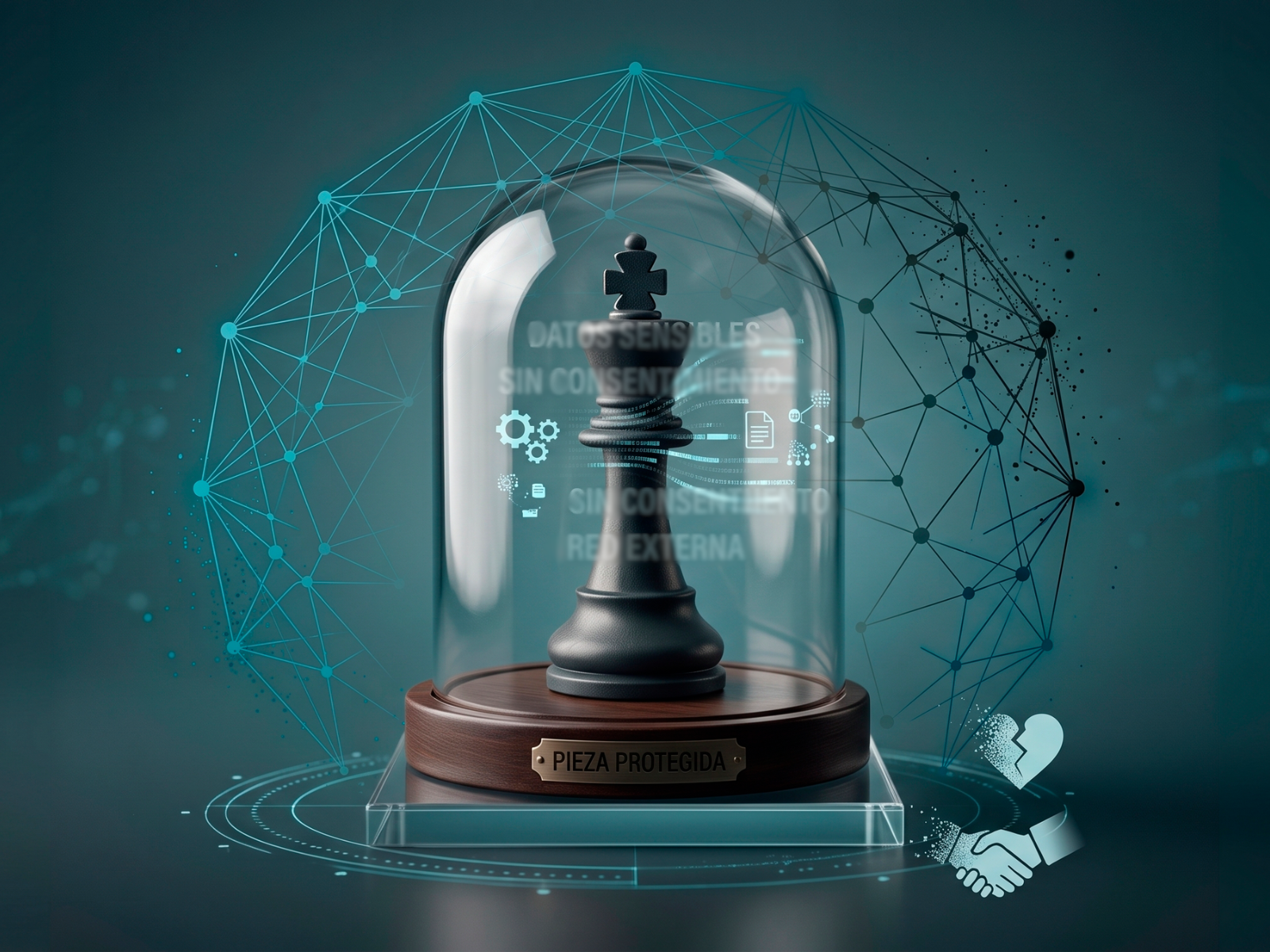 Pieza de ajedrez protegida bajo una campana de cristal que simboliza la confidencialidad, la confianza y la protección de los datos en procesos de coaching apoyados por inteligencia artificial.