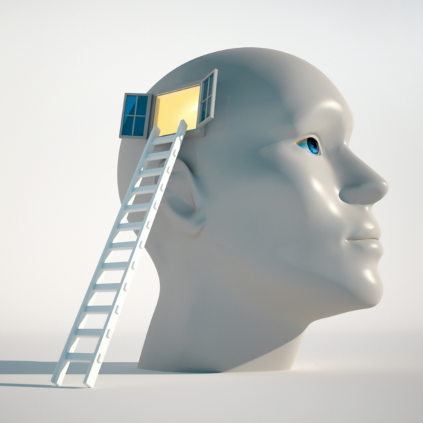 Figura humana con una escalera que conduce al interior de la cabeza, simbolizando la autoconciencia y la introspección en el liderazgo.