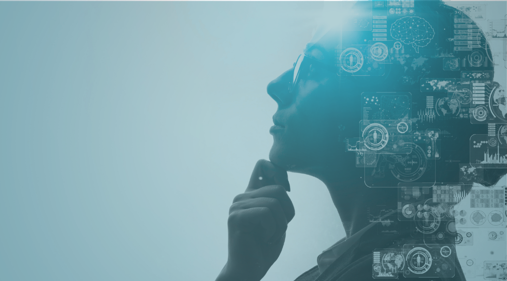 Perfil de una persona con elementos digitales superpuestos, simbolizando la reflexión sobre la inteligencia artificial y el liderazgo en entornos tecnológicos