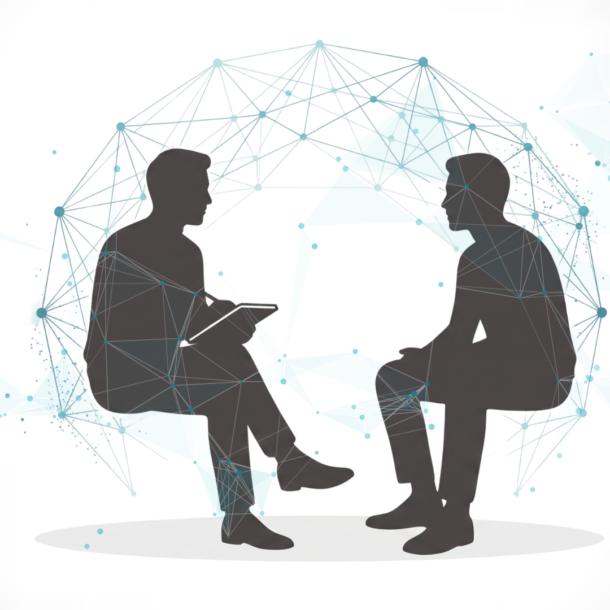 Coach y cliente conversando con una red digital que simboliza la integración ética de la inteligencia artificial en el coaching.