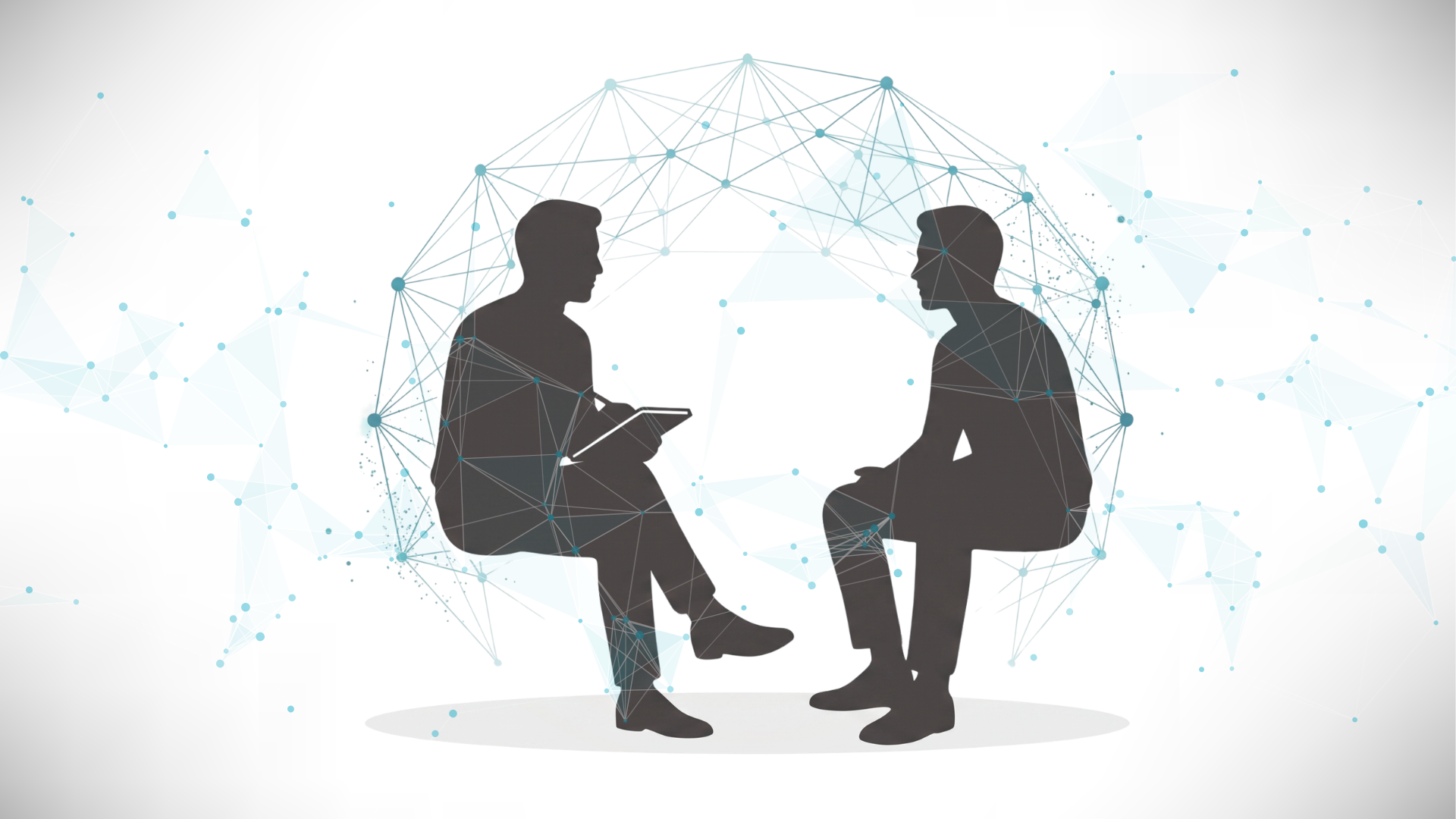 Coach y cliente conversando con una red digital que simboliza la integración ética de la inteligencia artificial en el coaching.