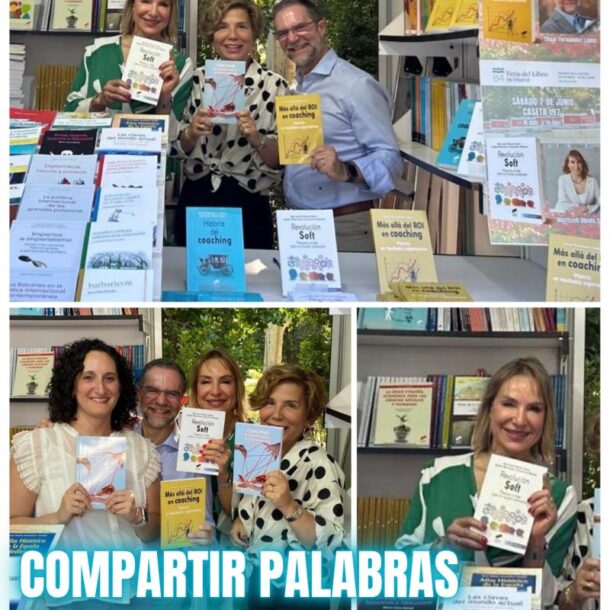 Group of authors at the Madrid Book Fair holding books on leadership and coaching.